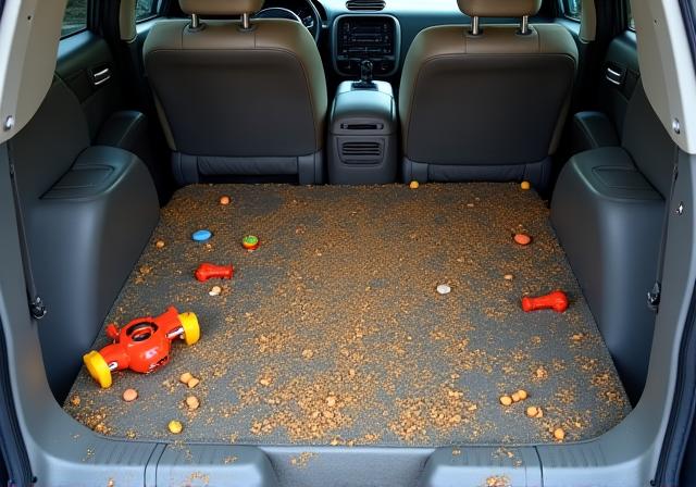 아이들 과자 부스러기와 먼지로 더러워진 SUV 실내